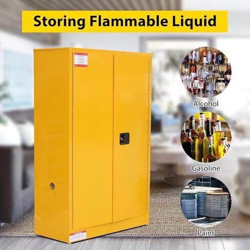 45 Gal Flammable Safety Cabinet, 43" x 18" x 65" Galvanized Steel Flammable Liquid Storage Cabinet with 2 Adjustable Shelves 2 Manual Doors for Industrial Use, Yellow in Saudi Arabia