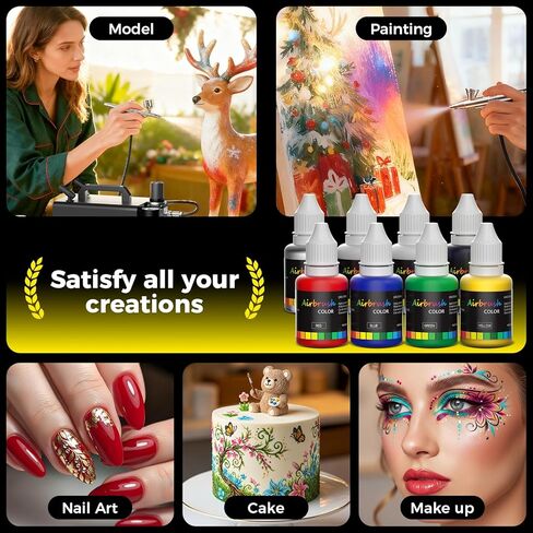 Airbrush Kit With Compressor - 1/5 HP Quiet Air Compressor With 2 Dual-Action Airbrush - 0.2,0.3 & 0.8mm Nozzles & 6 Paint Colors, Air brush Painting Set for Gift Crafts & Model Painting in Saudi Arabia