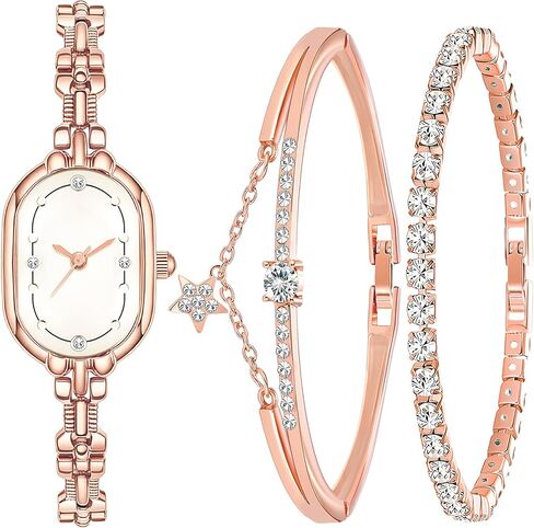 NEWITIN 3 Pieces Women Diamond Watch Bracelets Set Luxury Fashion Jewelry Cubic Zirconia Wristwatch Bracelet Silver Watch Jewelry Set for Women in Kuwait