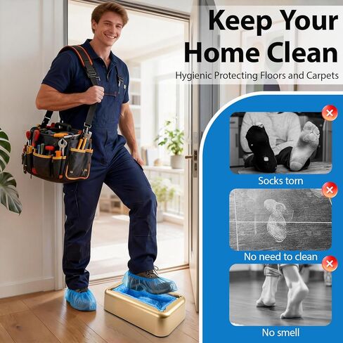 ماكينة توزيع غطاء الأحذية الأوتوماتيكية مع 300 قطعة من أغطية الأحذية البلاستيكية للاستعمال مرة واحدة، عملية بسيطة ومريحة للعقارات المنزلية والمكاتب، تناسب حتى مقاس 14 (ذهبي) in Kuwait