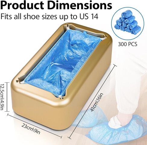 ماكينة توزيع غطاء الأحذية الأوتوماتيكية مع 300 قطعة من أغطية الأحذية البلاستيكية للاستعمال مرة واحدة، عملية بسيطة ومريحة للعقارات المنزلية والمكاتب، تناسب حتى مقاس 14 (ذهبي) in Kuwait