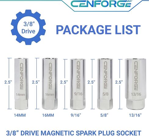 Cenfoge 6-PC Magnetic Swivel Spark Plug Socket Set, Includes 9/16-Inch, 5/8-Inch, 14mm, 16mm Socket, 3/8" Drive Spark Plug Socket Set Magnetic Kit, 12-Point, Cr-V Steel in Saudi Arabia