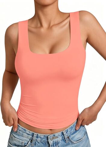 Women's Scoop Neck Tank Top Double Lined Sleeveless Fitted Basic Summer Top for Daily Wear and Going Out in Saudi Arabia