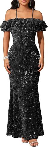VERWIN Off Shoulder Ruffle Mermaid Evening Party Gown Bodycon Sparkly Women's Sequin Maxi Dress in Saudi Arabia