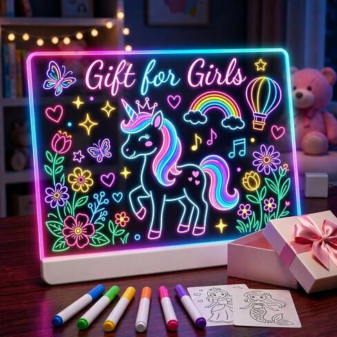 لوحة رسم LED للأطفال، لوحة رسم جافة من الأكريليك قابلة لإعادة الشحن، لوحة رسم LED Lumiboard مع 11 لونًا، لوحة رسومات الشعار المبتكرة المتوهجة بحامل غير مرئي، هدايا عيد الميلاد للأطفال والبنات والأولاد in Kuwait