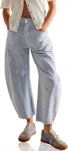 Striped Barrel Jeans for Women Trendy Cropped High Waisted Wide Leg Loose Denim Pants 2026 in Saudi Arabia