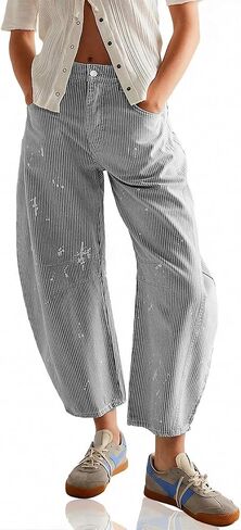 Striped Barrel Jeans for Women Trendy Cropped High Waisted Wide Leg Loose Denim Pants 2026 in Saudi Arabia