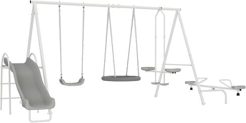 Outsunny Swing Set for Backyard, 5 in 1 Heavy-Duty A-Frame Stand Outdoor Playset for Kids with 29.5" Saucer Swing, Slide, Seesaw, Glider, Swing Seat, Blue in Saudi Arabia
