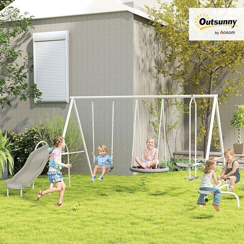 Outsunny Swing Set for Backyard, 5 in 1 Heavy-Duty A-Frame Stand Outdoor Playset for Kids with 29.5" Saucer Swing, Slide, Seesaw, Glider, Swing Seat, Blue in Saudi Arabia