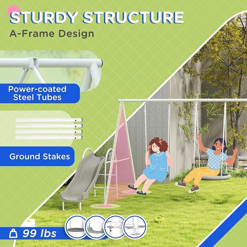 Outsunny Swing Set for Backyard, 5 in 1 Heavy-Duty A-Frame Stand Outdoor Playset for Kids with 29.5" Saucer Swing, Slide, Seesaw, Glider, Swing Seat, Blue in Saudi Arabia