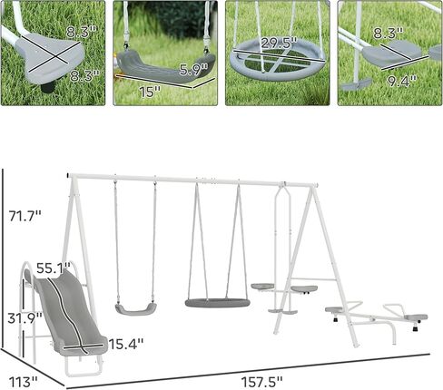 Outsunny Swing Set for Backyard, 5 in 1 Heavy-Duty A-Frame Stand Outdoor Playset for Kids with 29.5" Saucer Swing, Slide, Seesaw, Glider, Swing Seat, Blue in Saudi Arabia
