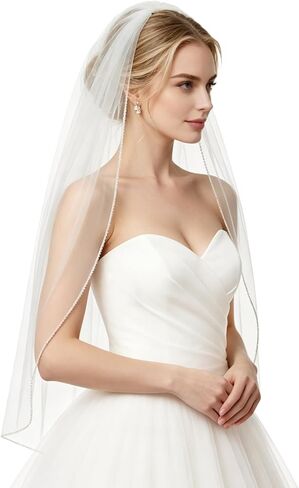 Wedding Veil Pearls and Crystals Beaded Edge 1 Tier Fingertip Length Bridal Veil in Saudi Arabia