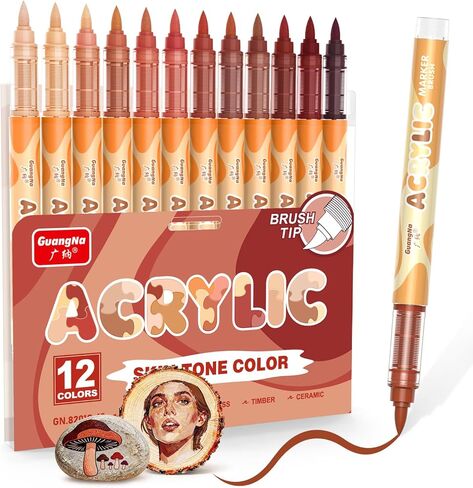 Guangna 12 Skin Tone Acrylic Paint Markers, Red Brown Brush Tip Acrylic Paint Pens for Pumpkin Paint, Rock Painting, Wood, Glass, Paper, Coloring Book, Ceramic, Canvas, DIY Crafts, Water-Based Ink in Kuwait