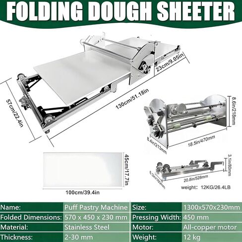 ماكينة فرد العجين الكهربائية التجارية ولفائف المعجنات، ناقل بعرض 40 بوصة، تلقائي للأمام/الخلف، سمك قابل للتعديل للكرواسون والفطيرة والمعجنات المنتفخة، تصميم مدمج قابل للطي in Kuwait