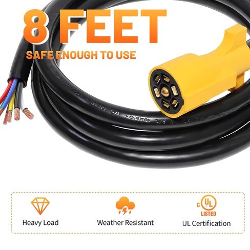 Heavy Duty 7 Way Trailer Plug Cord with Double Prongs Connector 8 Feet, 7 Way Plug Inline Trailer Side Wiring Harness 7-Pin RV Blade Replacement 7Pin Molded Cable Pigtail, UL62 Pure Copper Wire in Saudi Arabia