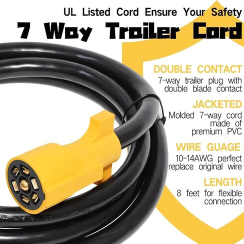 Heavy Duty 7 Way Trailer Plug Cord with Double Prongs Connector 8 Feet, 7 Way Plug Inline Trailer Side Wiring Harness 7-Pin RV Blade Replacement 7Pin Molded Cable Pigtail, UL62 Pure Copper Wire in Saudi Arabia