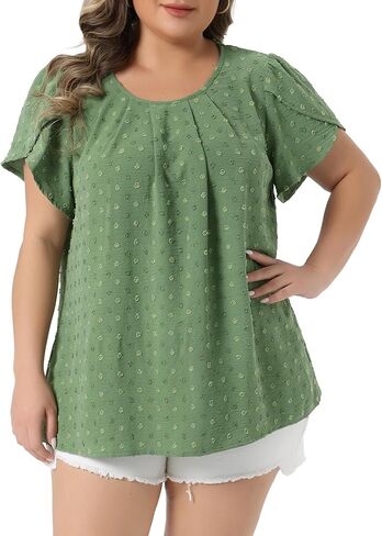 Agnes Orinda Plus Size Tops for Women Swiss Dot Crew Neck Tulip Short Sleeve Shirts Front Pleated Summer Blouse Top in Saudi Arabia