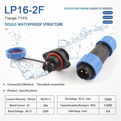 SP16 LP16 Screws Flange IP68 Waterproof Connectors Male Female No Welding 2/3/4 Pin Household/Industrial(LP16-2F) in Saudi Arabia