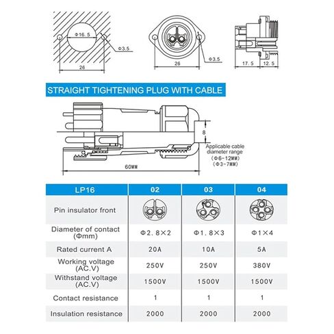 SP16 LP16 Screws Flange IP68 Waterproof Connectors Male Female No Welding 2/3/4 Pin Household/Industrial(LP16-2F) in Saudi Arabia