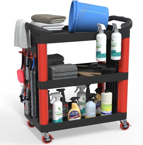 3 Tier Car Detailing Cart, Auto Detail Trolley with Wheels, Side Hanging Plate & Hooks, Detailing Tool Organizer for Mechanics & Detailers (Black) in Saudi Arabia