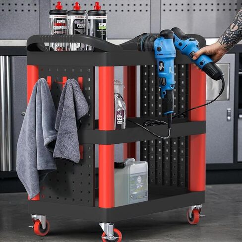 3 Tier Car Detailing Cart, Auto Detail Trolley with Wheels, Side Hanging Plate & Hooks, Detailing Tool Organizer for Mechanics & Detailers (Black) in Saudi Arabia