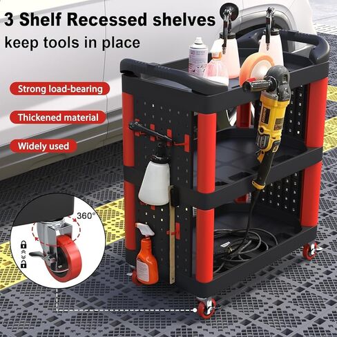 3 Tier Car Detailing Cart, Auto Detail Trolley with Wheels, Side Hanging Plate & Hooks, Detailing Tool Organizer for Mechanics & Detailers (Black) in Saudi Arabia