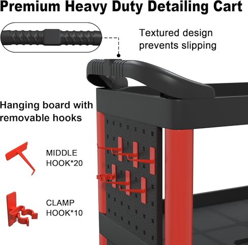 3 Tier Car Detailing Cart, Auto Detail Trolley with Wheels, Side Hanging Plate & Hooks, Detailing Tool Organizer for Mechanics & Detailers (Black) in Saudi Arabia