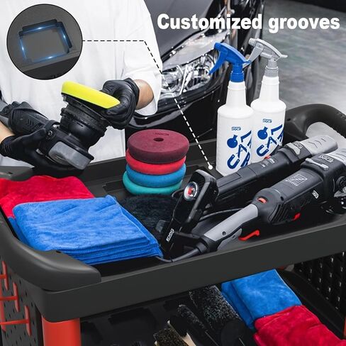 3 Tier Car Detailing Cart, Auto Detail Trolley with Wheels, Side Hanging Plate & Hooks, Detailing Tool Organizer for Mechanics & Detailers (Black) in Saudi Arabia