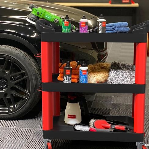 3 Tier Car Detailing Cart, Auto Detail Trolley with Wheels, Side Hanging Plate & Hooks, Detailing Tool Organizer for Mechanics & Detailers (Black) in Saudi Arabia