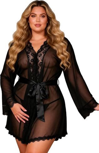 Ohyeahlady النساء حجم كبير بقماش شفاف رداء مثير ثوب النوم الزفاف الملابس الداخلية رداء مجموعة الدانتيل تقليم كم طويل تول رداء XS-4XL in Kuwait