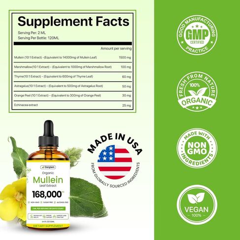 Mullein Drops for Lungs, USDA Organic Lung Detox and Cleanse Liquid with Marshmallow, Thyme, Astragalus, Orange Peel, Echinacea Alcohol & Sugar Free Extract for Smokers 2 Fl Oz in Saudi Arabia
