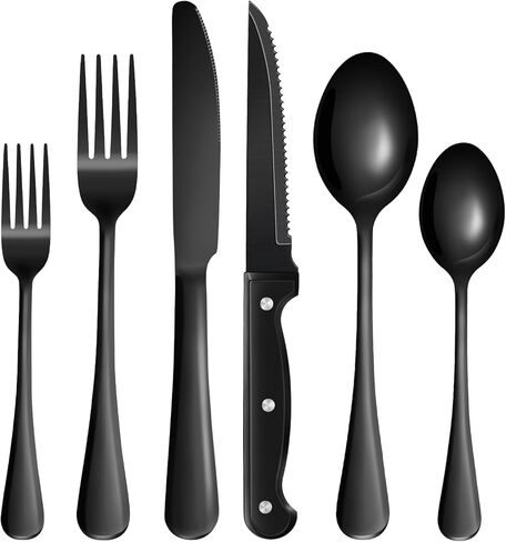 24-Piece Black Silverware Set with Steak Knives Black Stainless Steel Flatware Set for 4 Food Grade Tableware Cutlery Set Rust-proof, Mirror Polished, Dishwasher Safe in Saudi Arabia