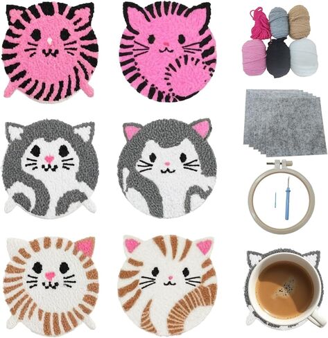 57lilina Punch Needle Coaster Kit for Adults Beginners Kids, 6 Set Complete Animal Cat Punch Needle Stitching Embroidery Art Kit, Step-by-Step Guide Make Punch Needling Drink Coasters for Starter in Saudi Arabia