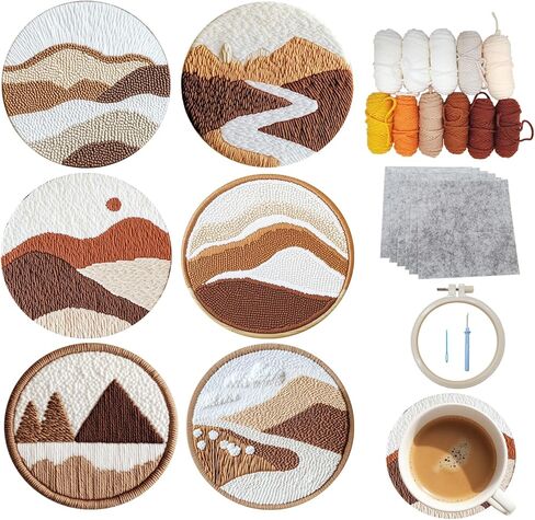 57lilina Punch Needle Coaster Kit for Adults Beginners Kids, 6 Set Complete Animal Cat Punch Needle Stitching Embroidery Art Kit, Step-by-Step Guide Make Punch Needling Drink Coasters for Starter in Saudi Arabia