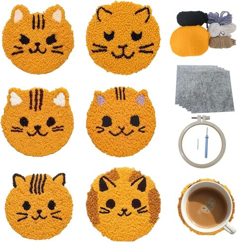 57lilina Punch Needle Coaster Kit for Adults Beginners Kids, 6 Set Complete Animal Cat Punch Needle Stitching Embroidery Art Kit, Step-by-Step Guide Make Punch Needling Drink Coasters for Starter in Saudi Arabia