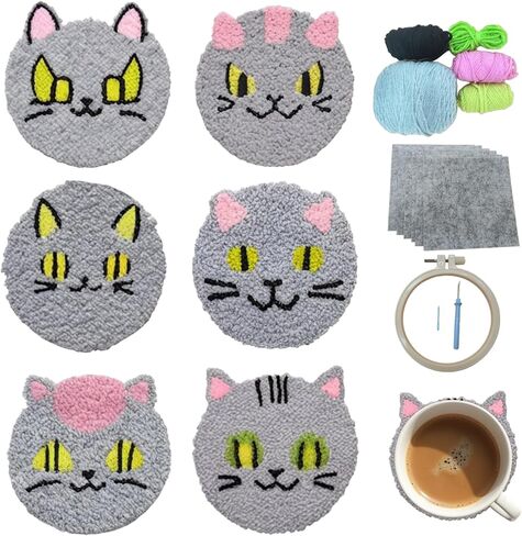 57lilina Punch Needle Coaster Kit for Adults Beginners Kids, 6 Set Complete Animal Cat Punch Needle Stitching Embroidery Art Kit, Step-by-Step Guide Make Punch Needling Drink Coasters for Starter in Saudi Arabia