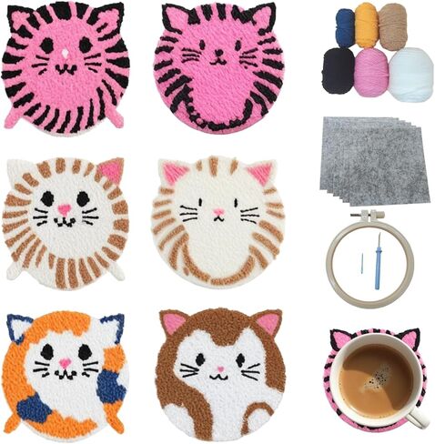 57lilina Punch Needle Coaster Kit for Adults Beginners Kids, 6 Set Complete Animal Cat Punch Needle Stitching Embroidery Art Kit, Step-by-Step Guide Make Punch Needling Drink Coasters for Starter in Saudi Arabia