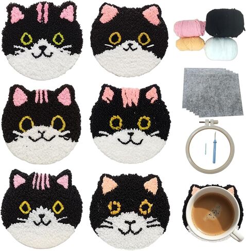 57lilina Punch Needle Coaster Kit for Adults Beginners Kids, 6 Set Complete Animal Cat Punch Needle Stitching Embroidery Art Kit, Step-by-Step Guide Make Punch Needling Drink Coasters for Starter in Saudi Arabia