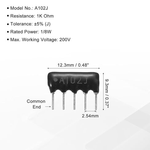 MECCANIXITY 20Pack 1K Ohm Resistor Network Array، 1/8W SIP-5 2.54mm مجموعة متنوعة من مقاومات شبكة الأفلام السميكة، 5٪ تسامح من النوع 5P، أسود in Saudi Arabia