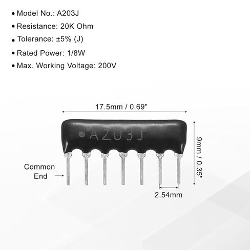 MECCANIXITY 20Pack 20K Ohm Resistor Network Array, 1/8W SIP-7 2.54mm Pitch Thick Film Network Resistor Assortment Kit, 5% Tolerance Bussed Type 7P, Black in Saudi Arabia