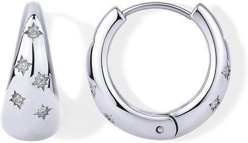 PAVOI Waterproof Gold Hoop Earrings for Women - Rhodium Plated Chunky Huggie Hoop Earrings with Cubic Zirconia Starburst - Stainless Steel Trendy Summer Fashion Jewelry - White in Saudi Arabia