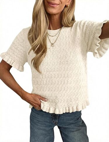 المرأة عارضة قصيرة الأكمام Crewneck متماسكة قمم خفيفة الوزن Peplum الكشكشة البلوز اقتصاص البلوزات in Kuwait