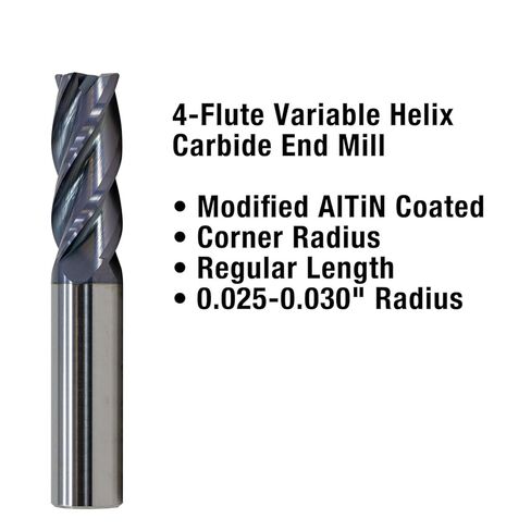 1/8" Diameter x 1/8" Shank 0.010-0.015" Radius 4-Flute Corner Radius Variable Helix Typhoon Red Series Carbide End Mill in Saudi Arabia