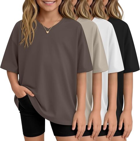 4 Pack Girls Oversized Shirts Short Sleeve Kids V Neck Drop Shoulder Tops Basic Casual Soft Solid Tees Summer in Saudi Arabia
