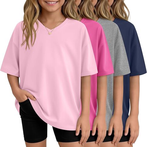 4 Pack Girls Oversized Shirts Short Sleeve Kids V Neck Drop Shoulder Tops Basic Casual Soft Solid Tees Summer in Saudi Arabia
