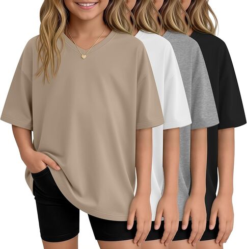 4 Pack Girls Oversized Shirts Short Sleeve Kids V Neck Drop Shoulder Tops Basic Casual Soft Solid Tees Summer in Saudi Arabia
