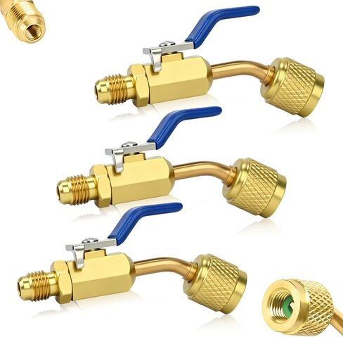 3 قطع محول صمام كروي A2L R-32 R-454B، تركيبات مضيئة لليد اليسرى 1/4 بوصة أنثى إلى 1/4 بوصة لليد اليمنى، لخزانات التبريد LH R-32/R-454B A2L وخرطوم خدمة RH، محول شحن HVAC نحاسي in Kuwait