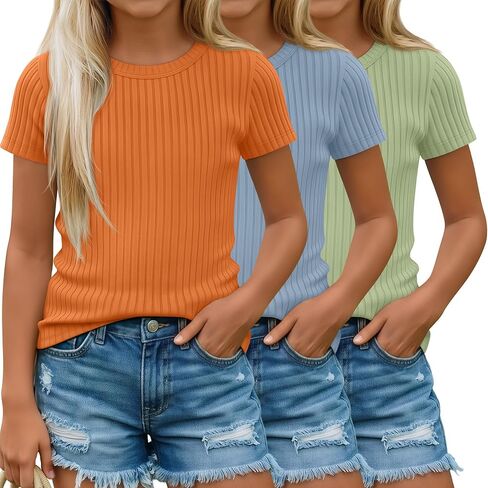 3 Pack Girls' Shirts Cute Basic Tees | Tween Summer Ribbed Top, Teens Short Sleeve, Vacation T-shirt, for Kids Ages 5-14 in Saudi Arabia