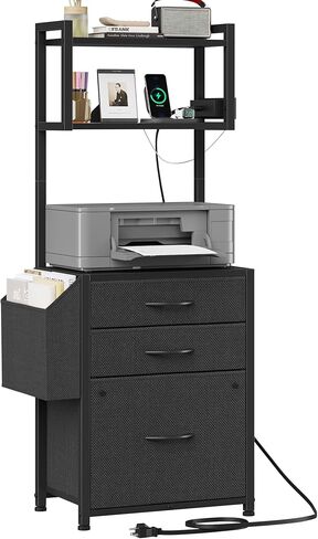 Larger File Cabinet with Charging Station and 3 Fabric Drawer, 3-Tier Tall Filing Cabinet for Home Office with Storage Shelf, Fabric Drawer, Fits A4/Letter Size, 15.3''W, Rustic Brown in Saudi Arabia