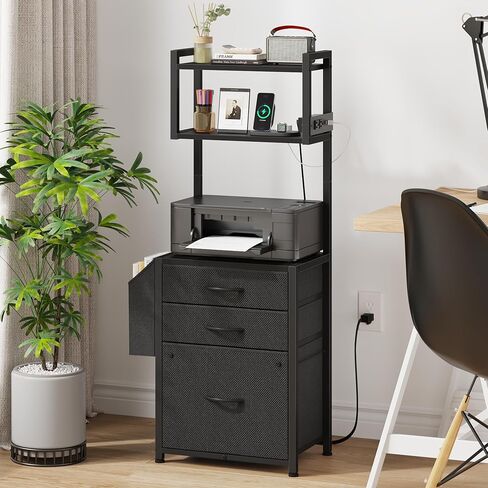 Larger File Cabinet with Charging Station and 3 Fabric Drawer, 3-Tier Tall Filing Cabinet for Home Office with Storage Shelf, Fabric Drawer, Fits A4/Letter Size, 15.3''W, Rustic Brown in Saudi Arabia
